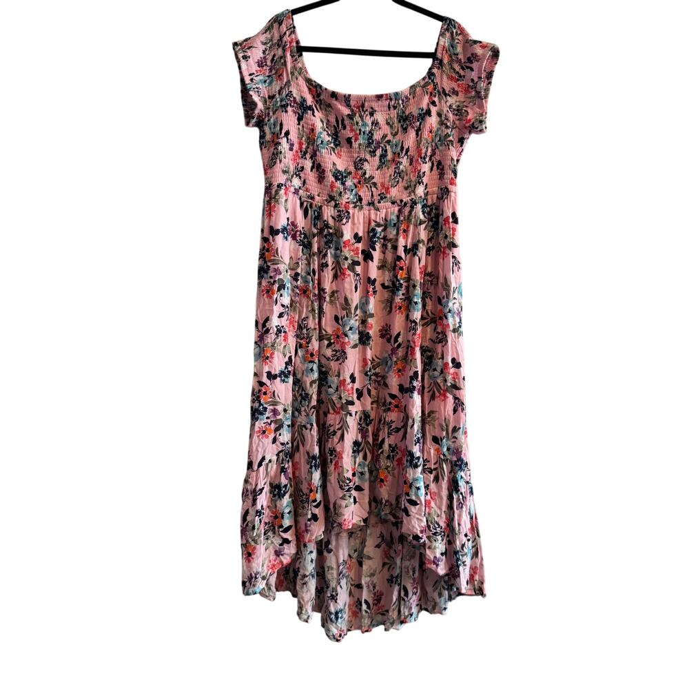 Torrid Off Shoulder Maxi Dress Pink Floral Smocked Hi-Low Hem Short Sleeve Sz 2X